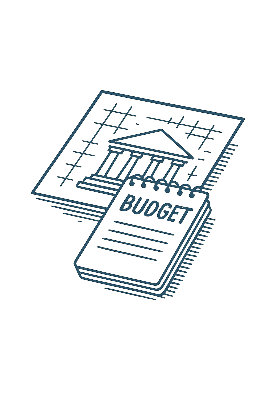 Blueprints and a budget notepad